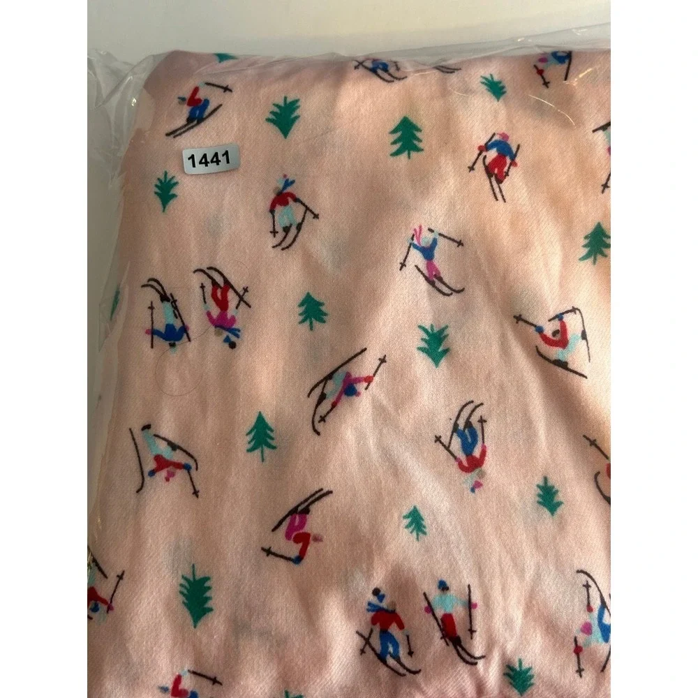 Lands End Womens L 14-16 Pajama Set Pink Ski Print Cotton Apres Ski Cozy Cabin